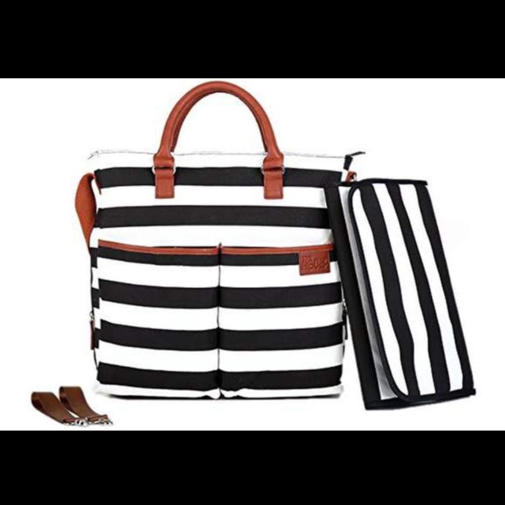 Diaper Bag by Hip Cub - Baby Changing Pad - Black/White Stripe W/Cute Tan Trim